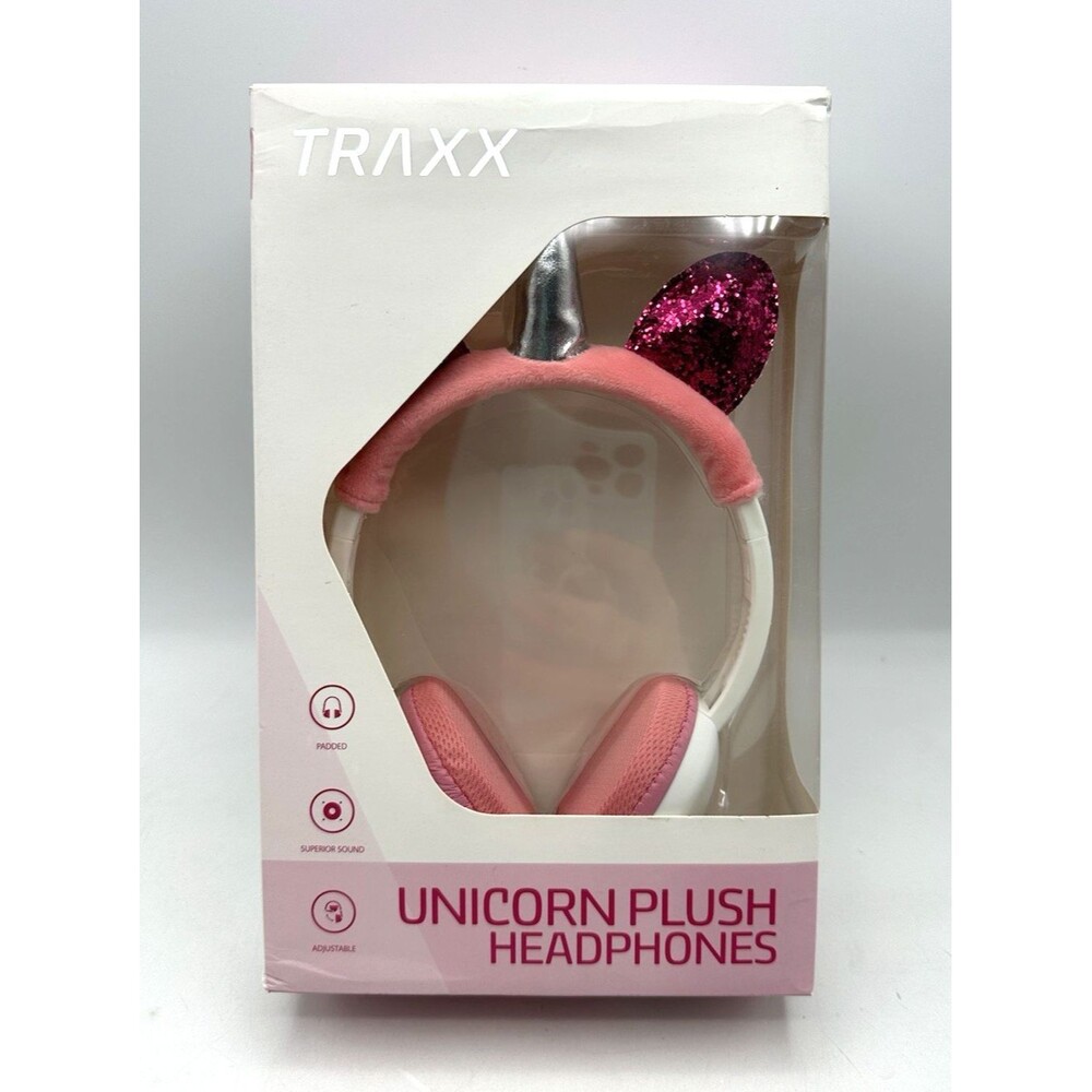 Traxx Unicorn Plush Headphones Over the Head Plug in Pink/Silver Horn NEW